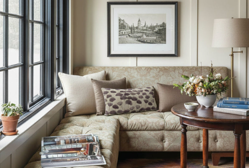 Living room with a beige sofa, decorative pillows, a small table with a lamp and flowers, and a framed picture on the wall.