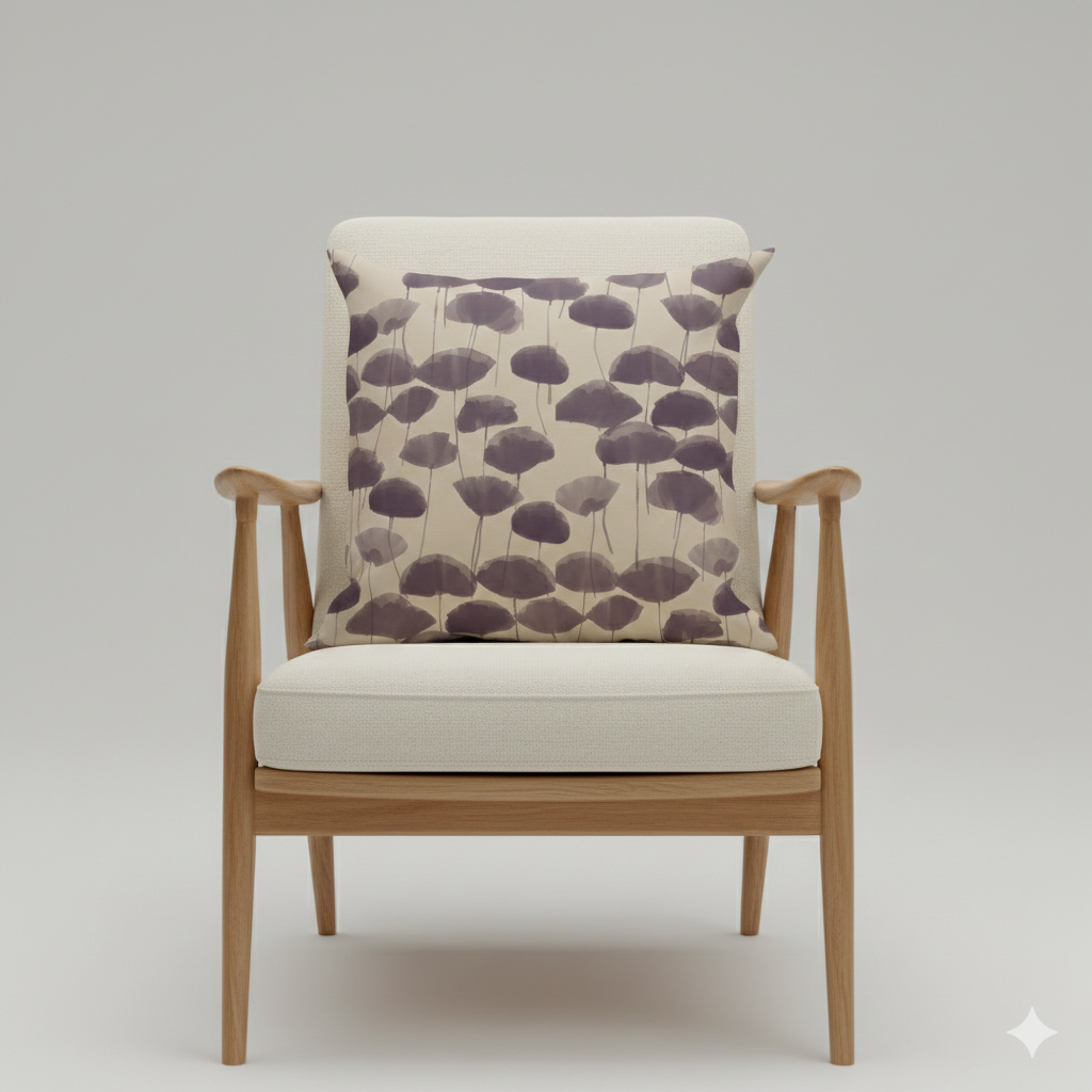 Wooden chair with a designer patterned cushion on a gray background