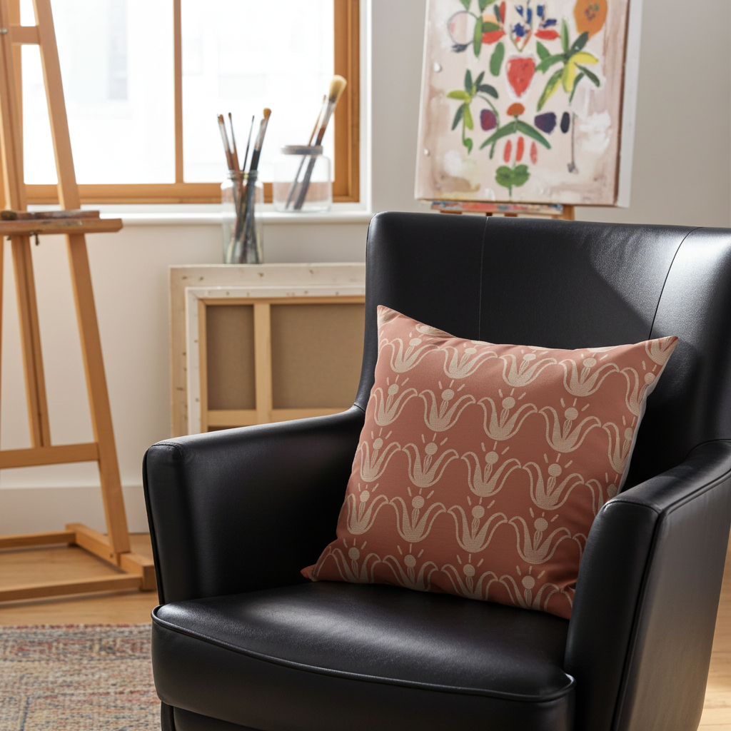 Black armchair with a patterned pink pillow in an artist's studio.