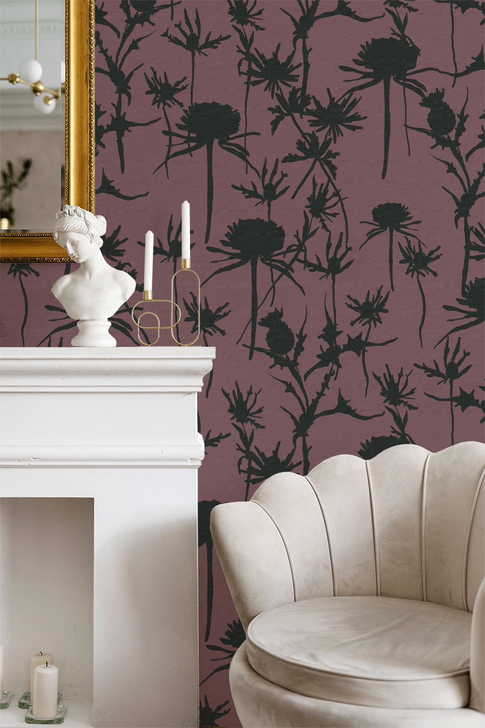 Room interior with purple wallpaper featuring black floral patterns, a white fireplace, and a beige sofa.