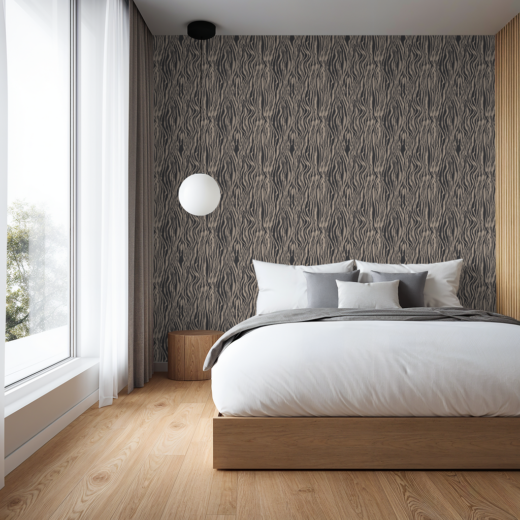 zebra dreams of water wallpaper pattern in modern bedroom in ink and beige 